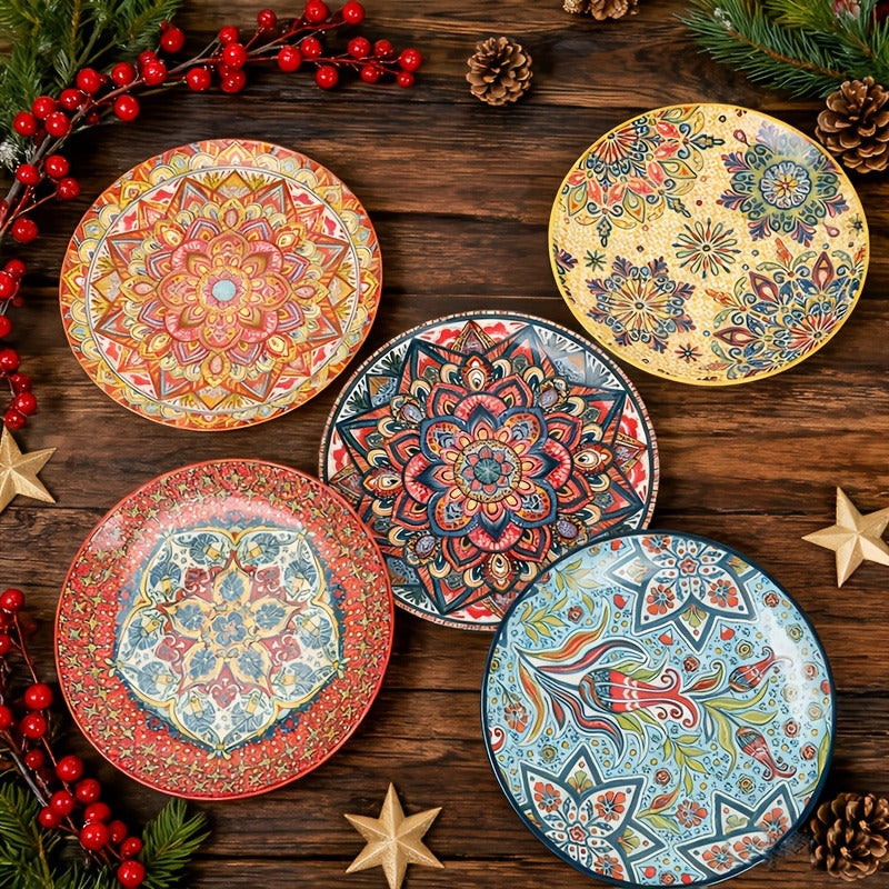 Ceramic Bowl Set with Lids 8-Piece Bohemian Soup Noodle Salad Bowls, for Home Cooking, Dining and Outdoor Meals