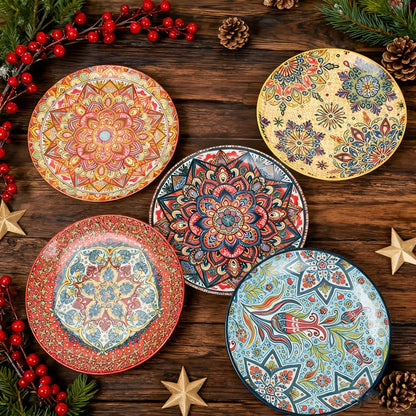 Ceramic Bowl Set with Lids 8-Piece Bohemian Soup Noodle Salad Bowls, for Home Cooking, Dining and Outdoor Meals