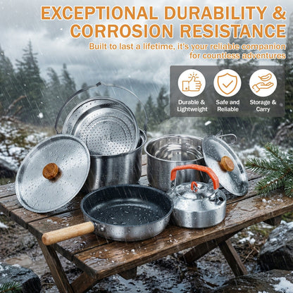 Camping Cookware Set, 19- or 27-Piece Coated Aluminum Mess Kit with Pot, Pan, Kettle, Cups, Plates and Cutlery