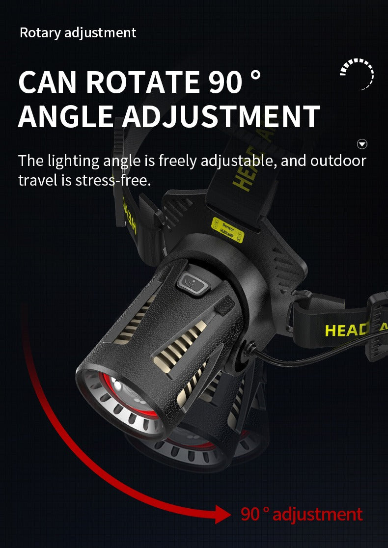 XHP360 Rechargeable Zoom Headlamp with IR Sensor, 500m Beam Label, 90° Tilt and Three 18650 Cells