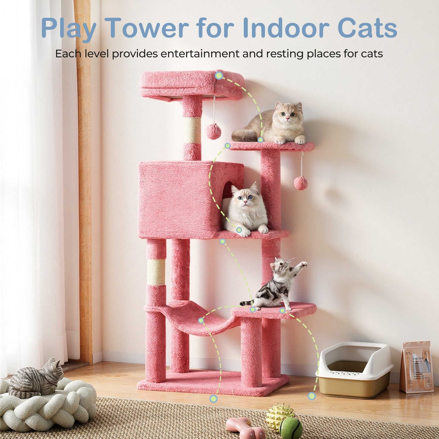 44-Inch Cat Tree Tower with Condo & Hammock – Multi-Level Indoor Cat Tree with Natural Sisal Scratching Posts