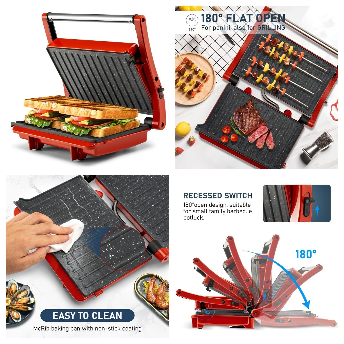 Sandwich Maker 3-in-1 Mini Indoor Grill & Panini Press, Non-Stick 180° Opening, Floating Hinge, 60-Min Timer