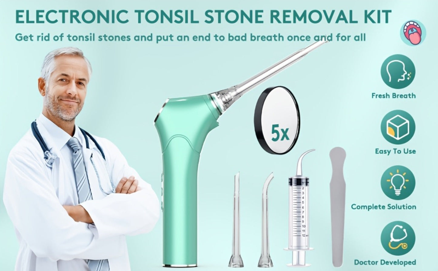Tonsil Stone Remover Electric Vacuum Kit, Built-In LED Light, 3 Suction Modes & 5X Magnifying Mirror, Oral