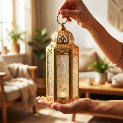 Moroccan Candle Lantern Holder - Decorative Metal & Glass Lantern with Embossed Floral Design for Indoor Home Decor