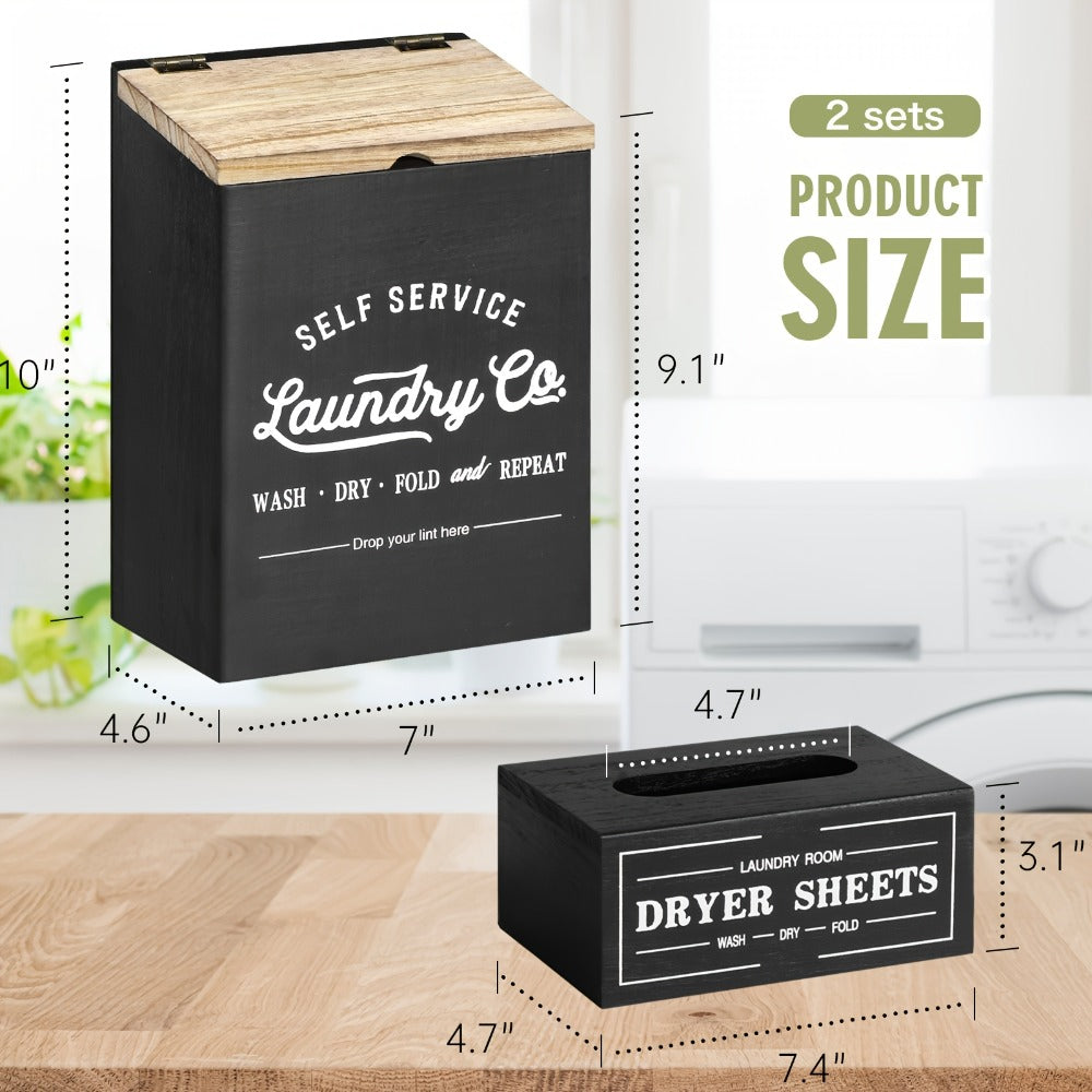 Magnetic Lint Holder & Dryer Sheet Dispenser 2-Pack, Farmhouse Wooden Lint Trash Can with Lid for Dryer
