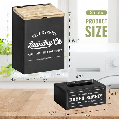 Magnetic Lint Holder & Dryer Sheet Dispenser 2-Pack, Farmhouse Wooden Lint Trash Can with Lid for Dryer