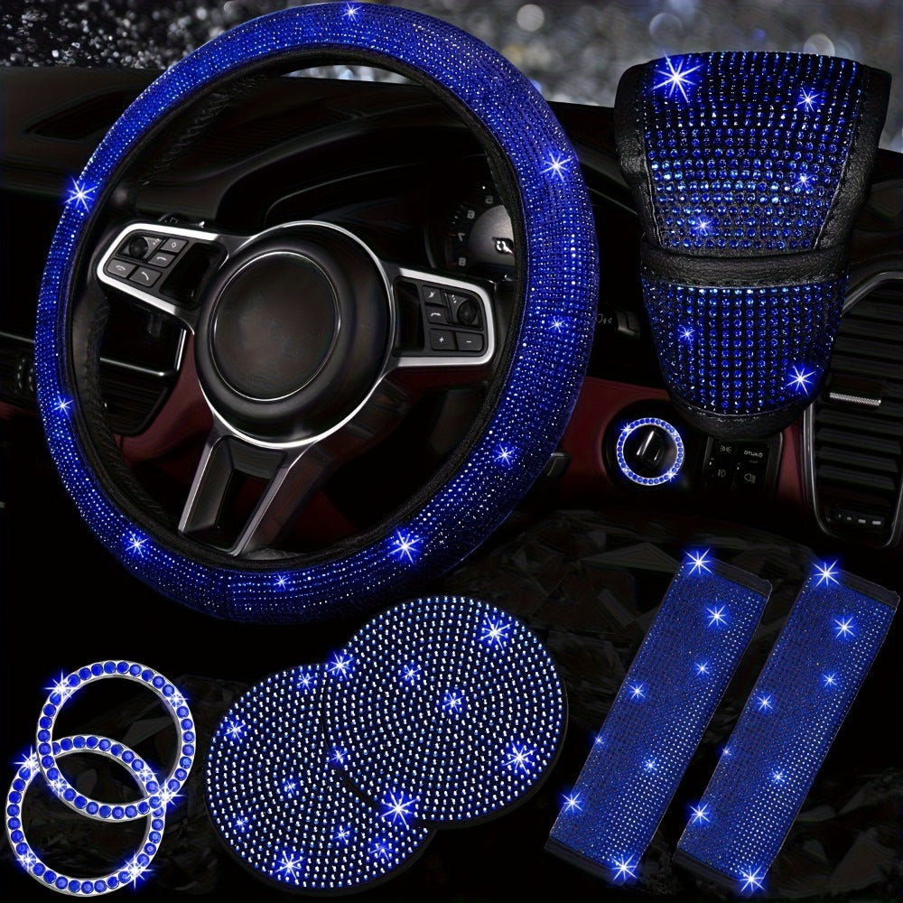 8-Piece Rhinestone Car Interior Accessories Set with Steering Wheel Cover, Coasters and Seat Belt Pads