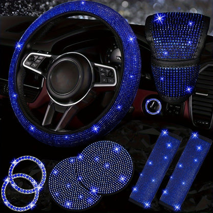 8-Piece Rhinestone Car Interior Accessories Set with Steering Wheel Cover, Coasters and Seat Belt Pads