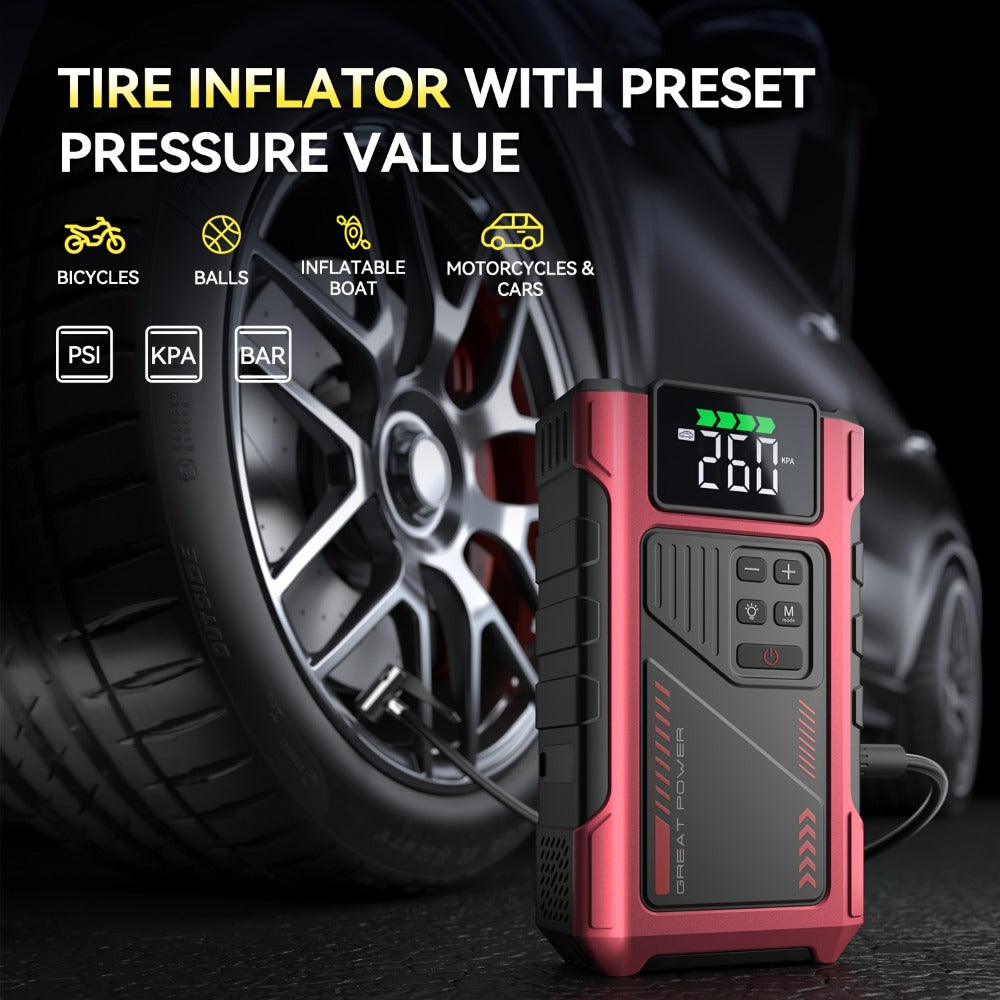 Portable Jump Starter 9-in-1 with Air Compressor – 12V Car Battery Booster for 8.0L Gas & 6.5L Diesel, USB-C, LED Emergency Light