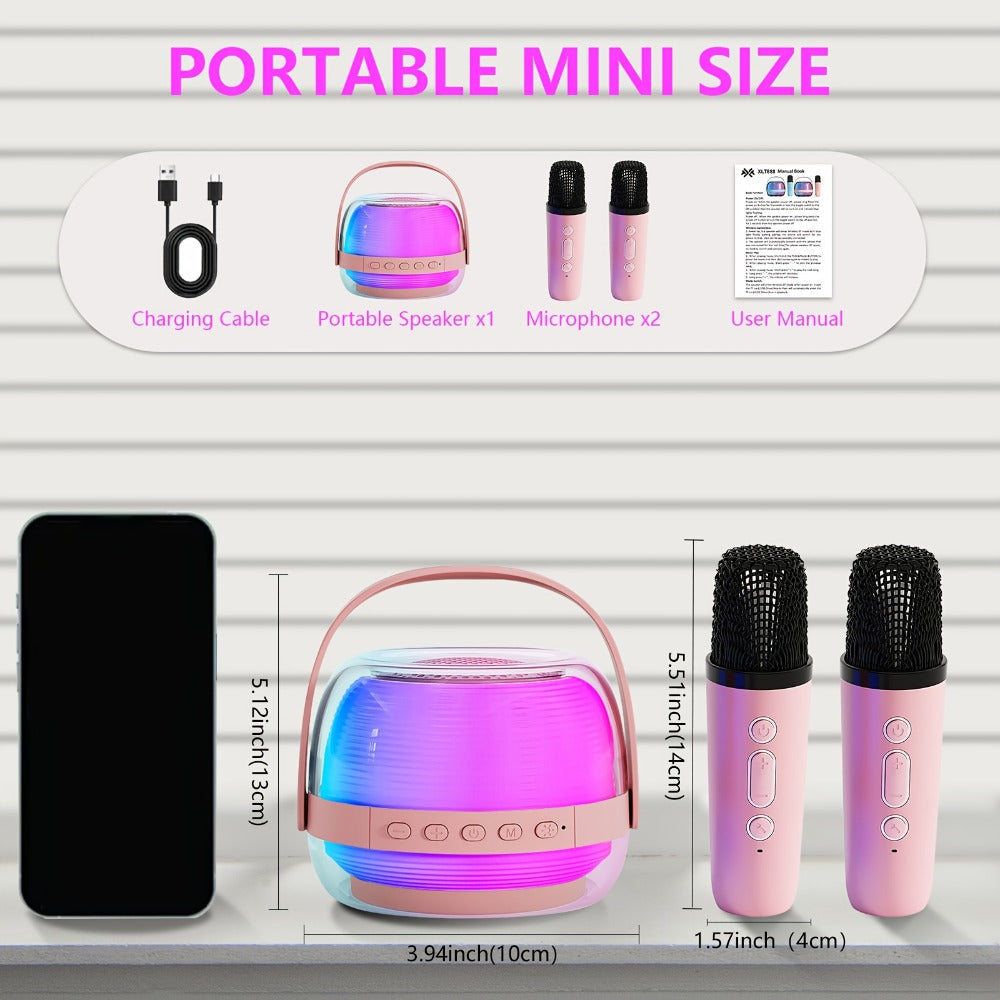 Portable Karaoke Machine with 2 Wireless Microphones, 3-Piece Bluetooth Speaker Set, Ambient Night Lamp Lighting