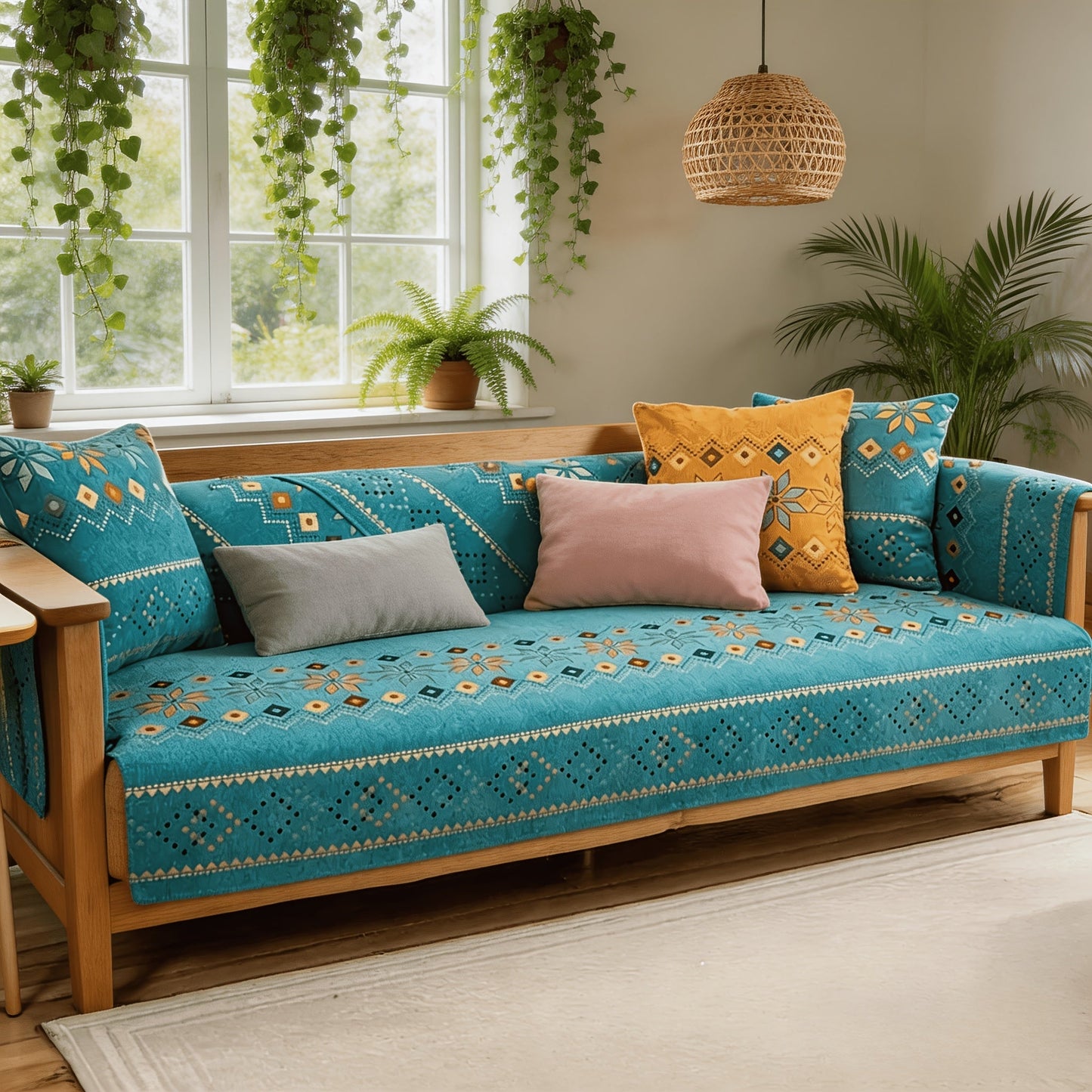 Sofa Cover, One-Piece Chenille Bohemian Pattern Couch Pad in White or Green for Two to Four Seats