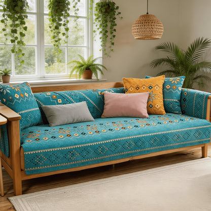 Sofa Cover, One-Piece Chenille Bohemian Pattern Couch Pad in White or Green for Two to Four Seats