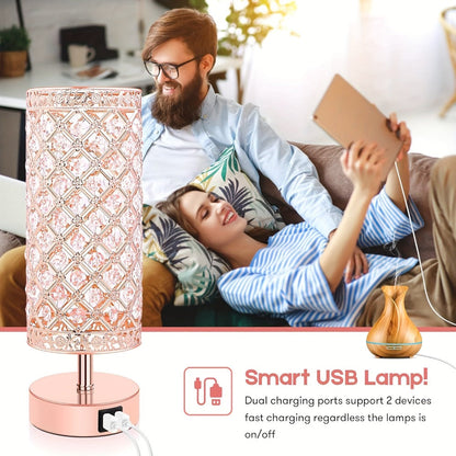 Crystal Cylinder Bedside Table Lamp with Dual USB Ports in Three Finishes and One- or Two-Pack Options
