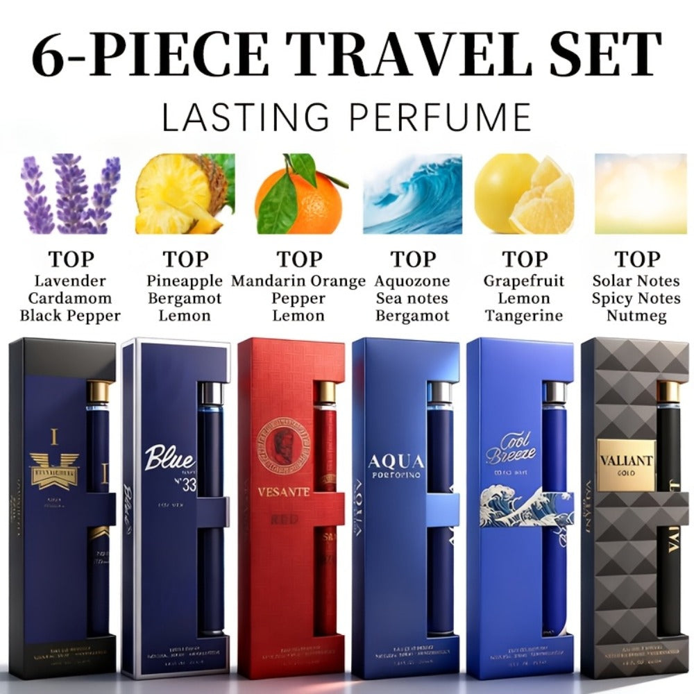 Travel Cologne Gift Set for Men – 6-Piece Mini EDP Spray Sampler, Long Lasting Unique Scents, TSA-Friendly Travel Size