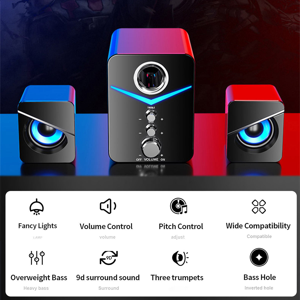 USB Powered Computer Speakers with Subwoofer, 3.5mm Aux Wired Desktop PC Laptop Speaker System, Dual 2" Tweeter + 3" Subwoofer