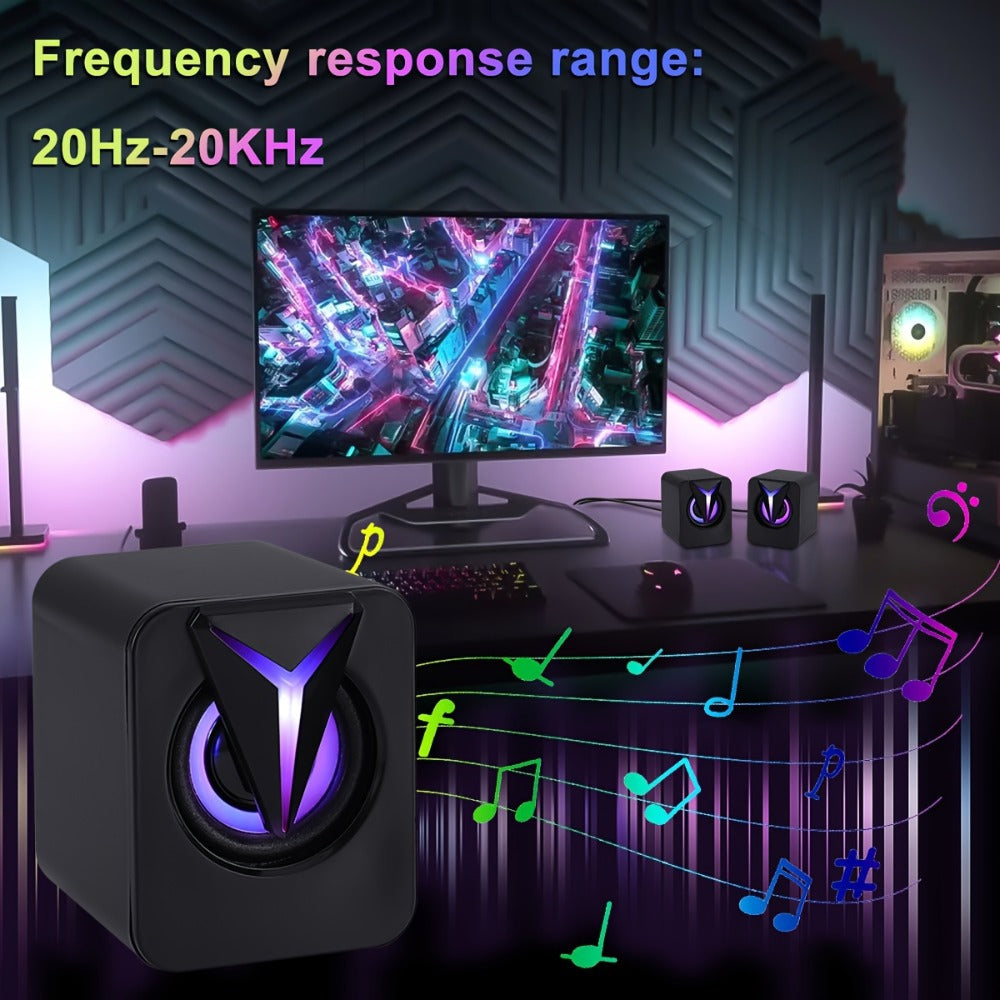 USB Powered Computer Speakers 2.0 Mini Stereo Desk Audio System with RGB Lights, Volume Control, 3.5mm AUX Input