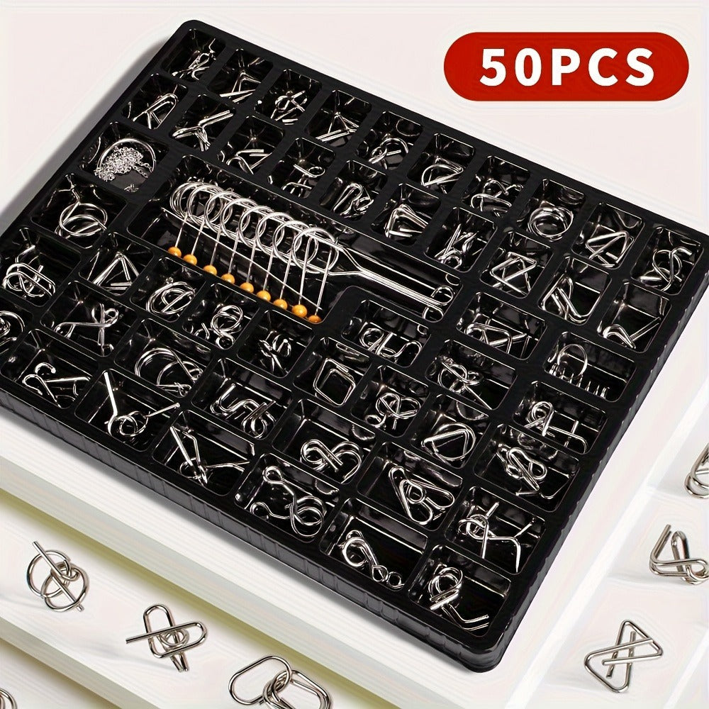 Metal Brain Teaser Puzzle Set 50 Pack, Golden Unlock Iron Chain Link Toys, Nine Rings Kongming Lock