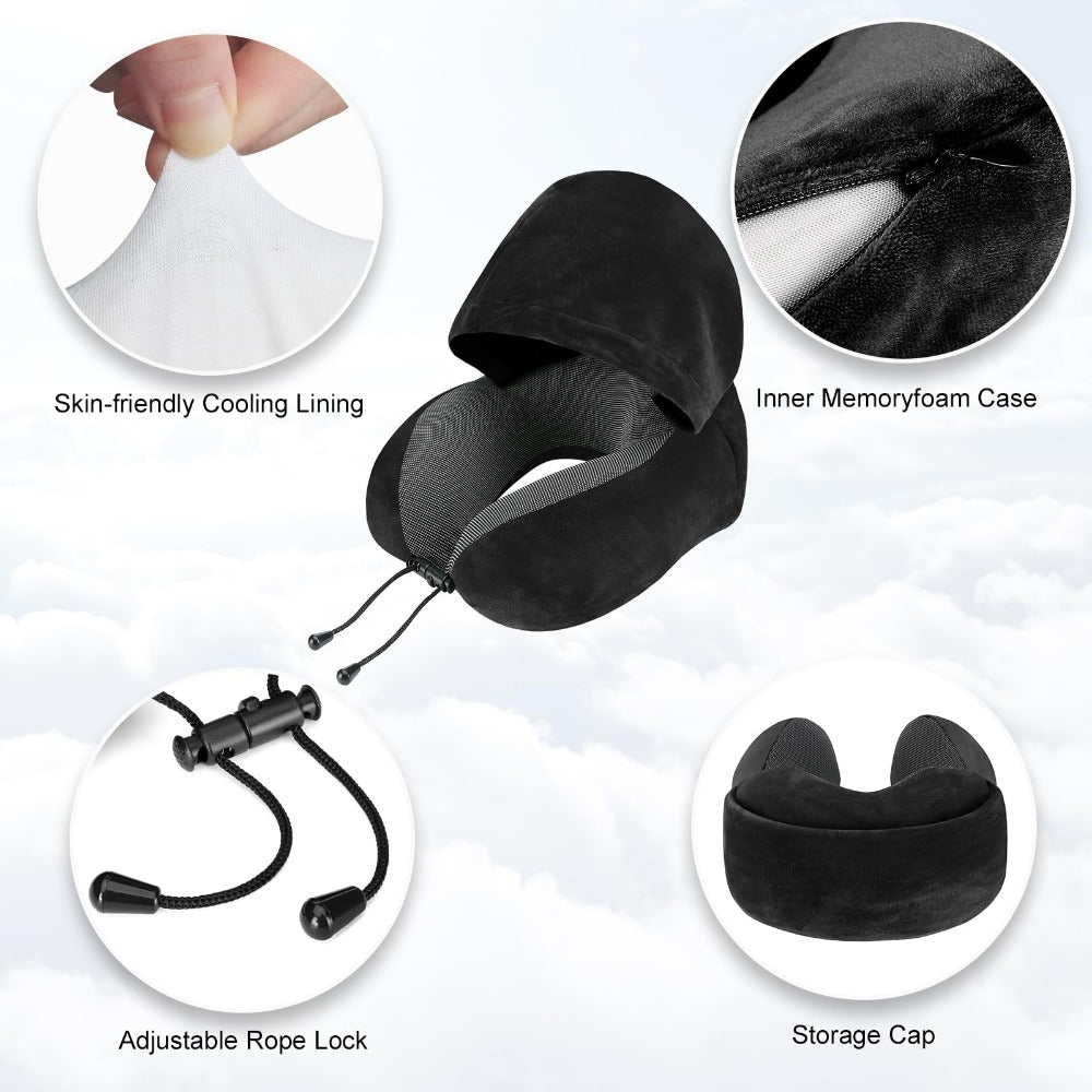 Hooded U-Shaped Travel Neck Pillow with Eye Mask, Carry Bag and Front Drawstrings in Pink, Blue, Black or Grey
