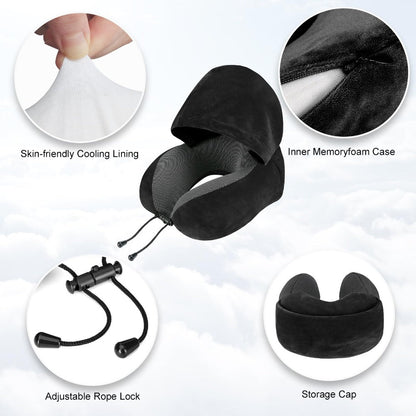 Hooded U-Shaped Travel Neck Pillow with Eye Mask, Carry Bag and Front Drawstrings in Pink, Blue, Black or Grey