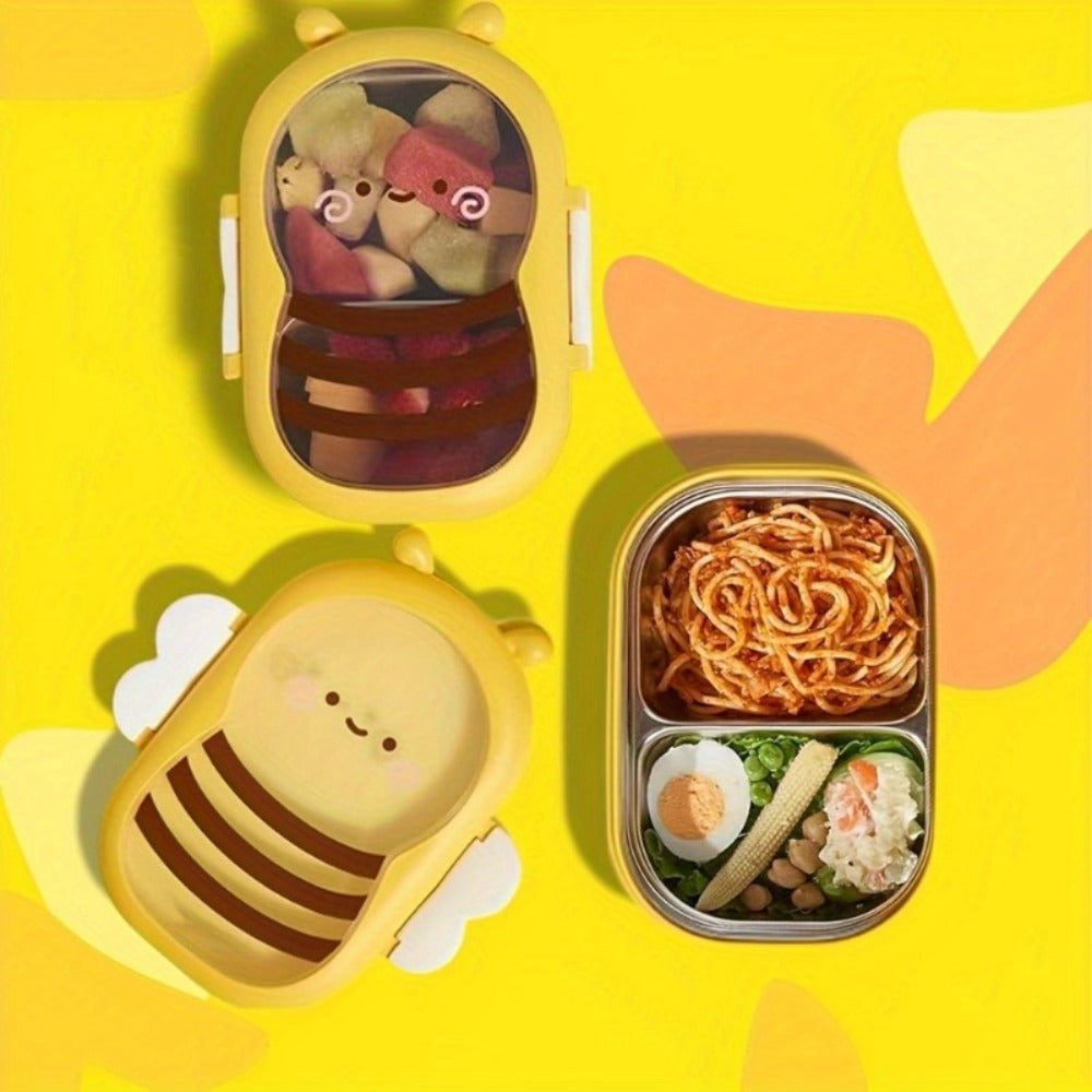 Cute Bee Lunch Box Stainless Steel, 304 Food Grade 2-Compartment Bento Box with Bee-Themed Lid for Kids