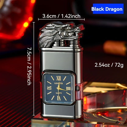 Double Flame Windproof Lighter Creative Retro Metal Lighter Dragon Eagle Gun Shape Quartz Dial Portable Outdoor Lighter Men Gift Box Butane
