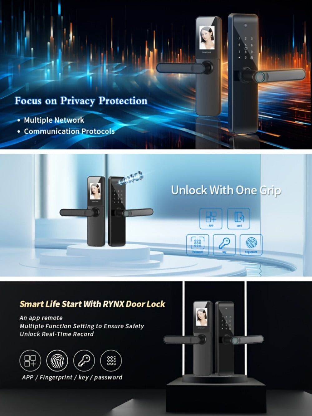 Smart Door Lock with Fingerprint Keypad Card App Access and Optional Camera Handle Models in Black