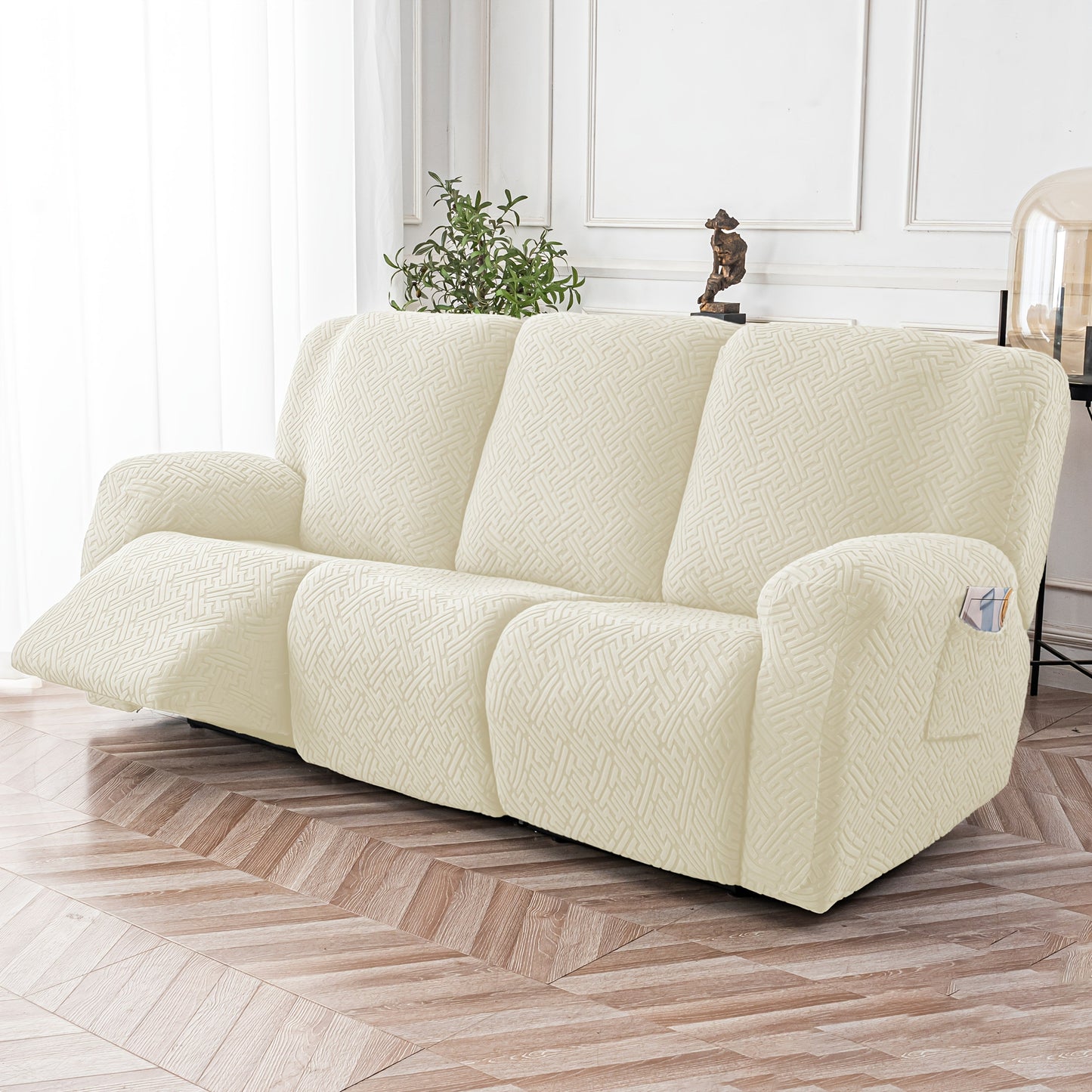 Slipcover Set, Eight-Piece Jacquard Stretch Cover for Three-Seat Recliner with Side Pocket in Nine Colors