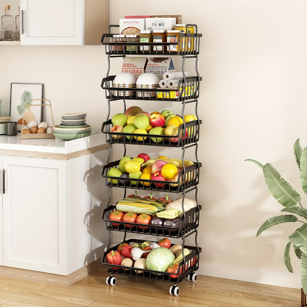 6-Tier Stackable Metal Wire Storage Basket Organizer with Wheels – Rolling Kitchen Pantry Rack for Fruits Vegetables Utensils
