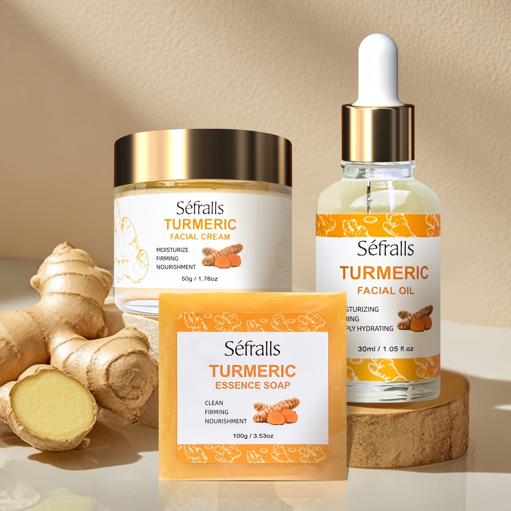 Turmeric Skincare Set 3 Pcs – Turmeric Face Cream, Facial Soap & Essential Oil Kit for Deep Pore Cleansing, Brightening & Moisturizing