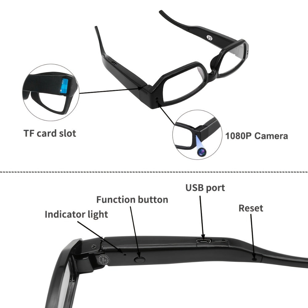 1080P HD Recording Glasses with TF Storage Card – Smart Camera Glasses, 65° Wide-Angle DV Video Recorder, Eye Protection Lenses
