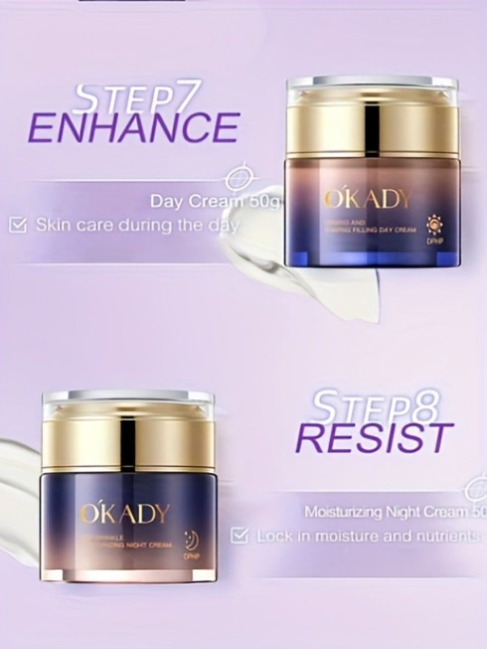 Skincare Set with OKADY Label, 8 Collagen and Hyaluronic Acid Product Items in Blue Gold Gift Box