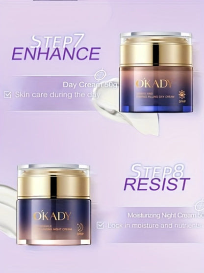 Skincare Set with OKADY Label, 8 Collagen and Hyaluronic Acid Product Items in Blue Gold Gift Box