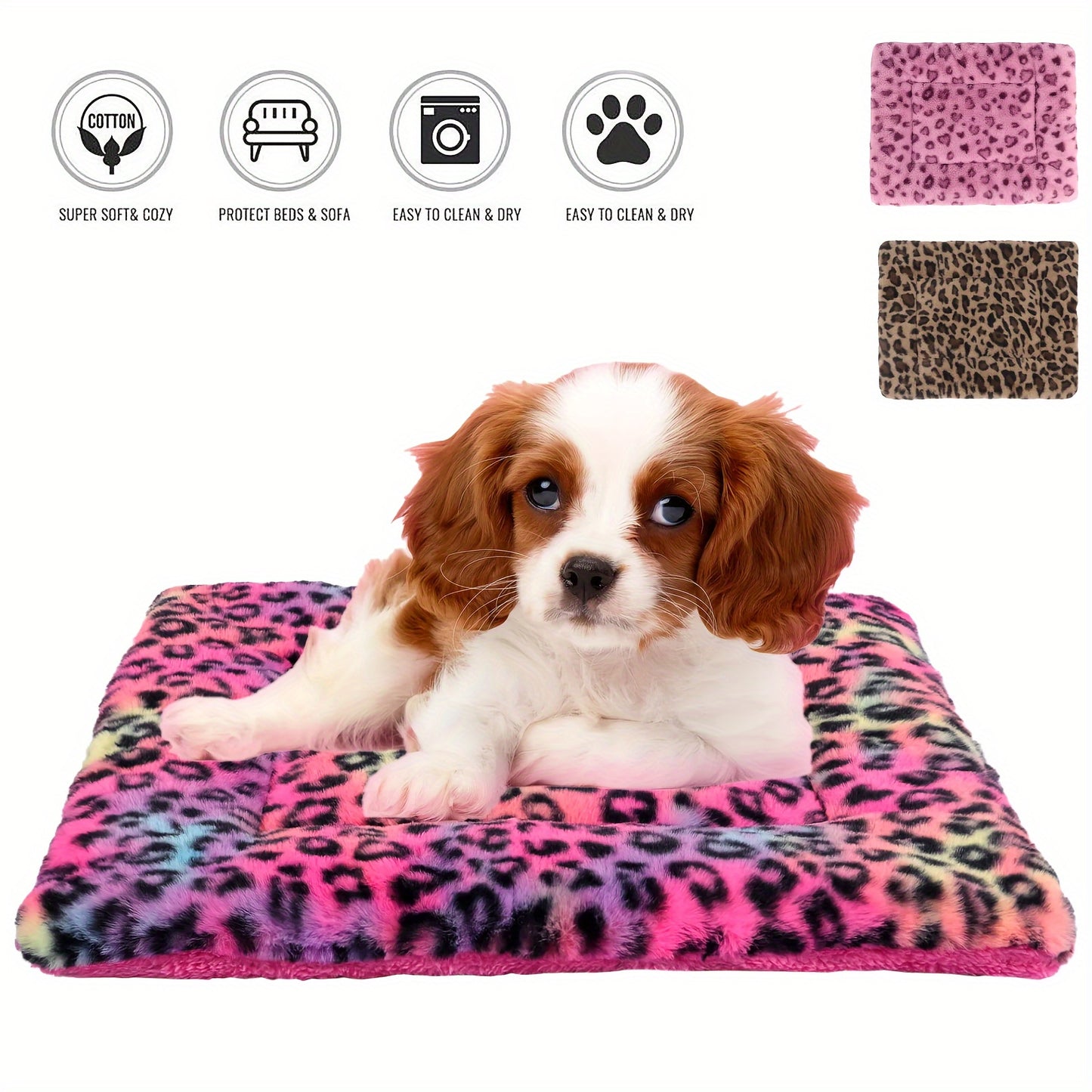 Reversible Plush Pet Mat Leopard Print Fleece Soft Warm Dog Cat Bed Pad Anti-Slip Machine Washable for Crate Car Sofa Floor