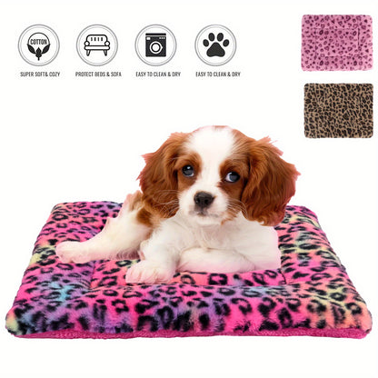 Reversible Plush Pet Mat Leopard Print Fleece Soft Warm Dog Cat Bed Pad Anti-Slip Machine Washable for Crate Car Sofa Floor