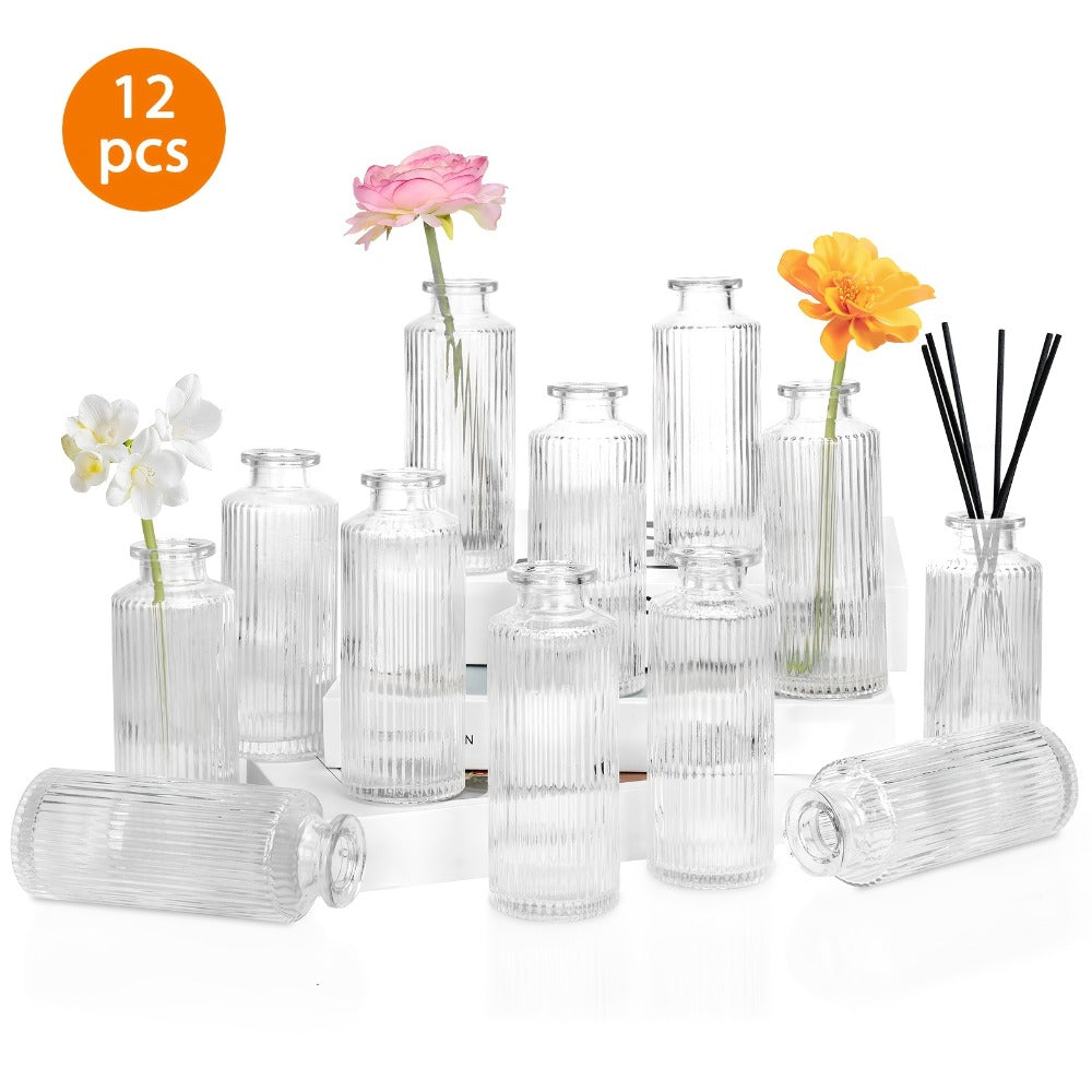 Mini Bud Vases Set – Modern Striped Clear Glass Flower Vases for Wedding Centerpieces, Birthday Party, Anniversary, Home Table Decor