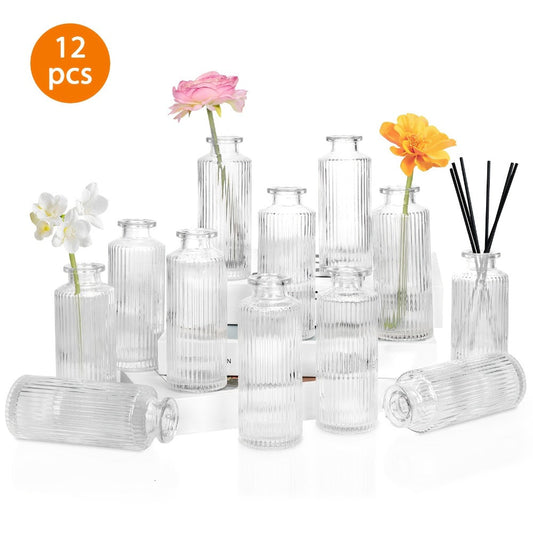 Mini Bud Vases Set – Modern Striped Clear Glass Flower Vases for Wedding Centerpieces, Birthday Party, Anniversary, Home Table Decor