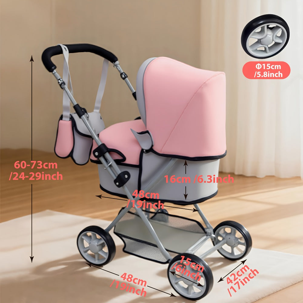 Foldable Doll Stroller with Adjustable Handle 39-68cm, Grey & Pink Baby Doll Pram for 16-20 Inch Dolls