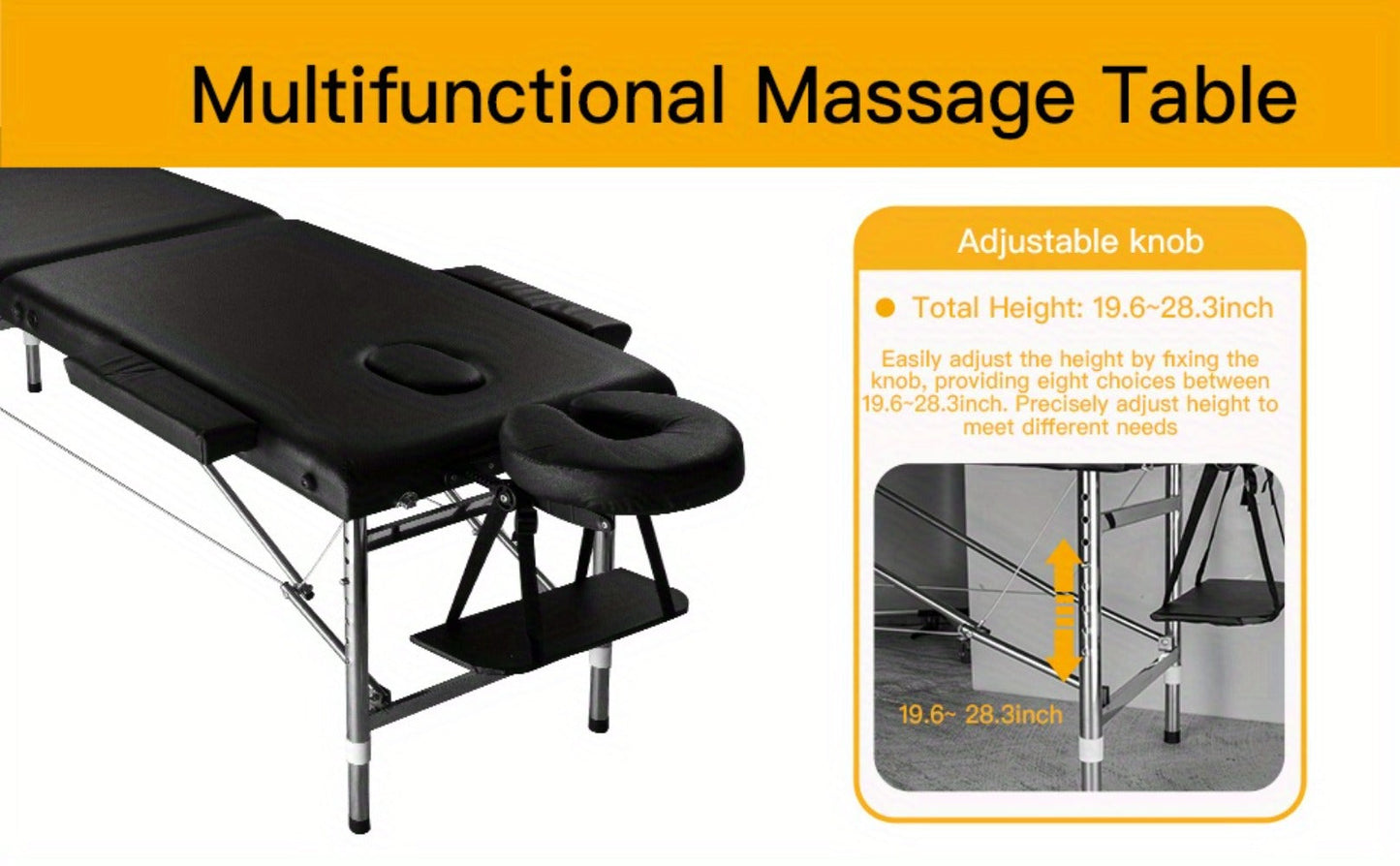 Portable Massage Table Folding Aluminum Frame PU Leather Adjustable Height 3-Section Spa Bed for Lash