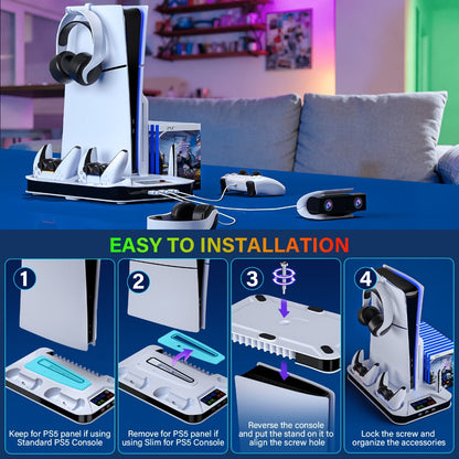 PS5 Cooling Station with USB Hub & Dual Controller Charging Dock for PS5/Slim/Pro, PlayStation 5 Stand Cooler with 3 USB Hubs