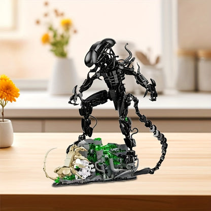 Building Block Set Alien Beast with 958 Pieces, Articulated Black Figure, Scene Base and Long Tail