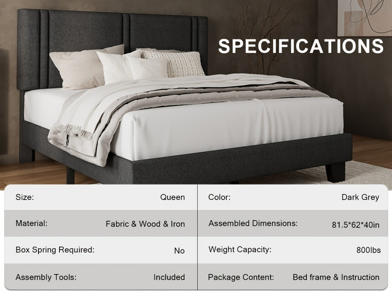 21-Inch Solid Wood Bed Frame with Tufted Back and No Box Spring Needed for Bedroom detail image - detail view 24