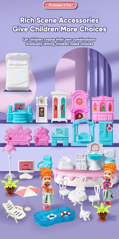 LED Dollhouse Playset for Girls, Purple Multi-Room Playhouse with Doll Figures, Puppies, Furniture & LED Lighting