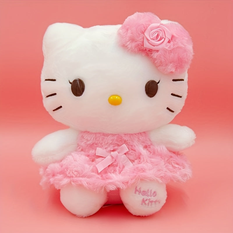 Plush Toy Bow-Wearing Cat Doll in 10-Inch Pink Rose Dress with Soft Fabric and One-Piece Option