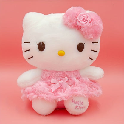 Plush Toy Bow-Wearing Cat Doll in 10-Inch Pink Rose Dress with Soft Fabric and One-Piece Option