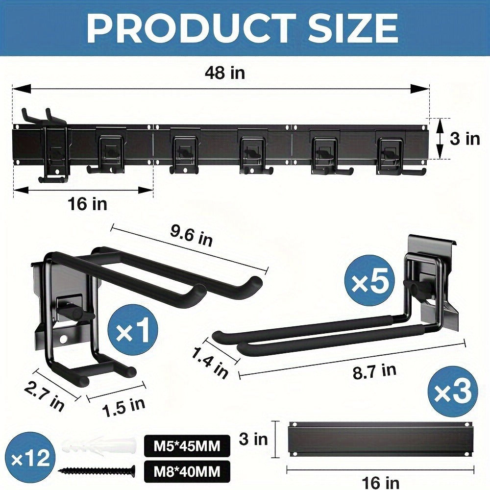 Garage Tool Organizer Wall Mount 48", Pegboard with Adjustable Swivel Hooks, 1 Double Hook & 5 Straight Hooks