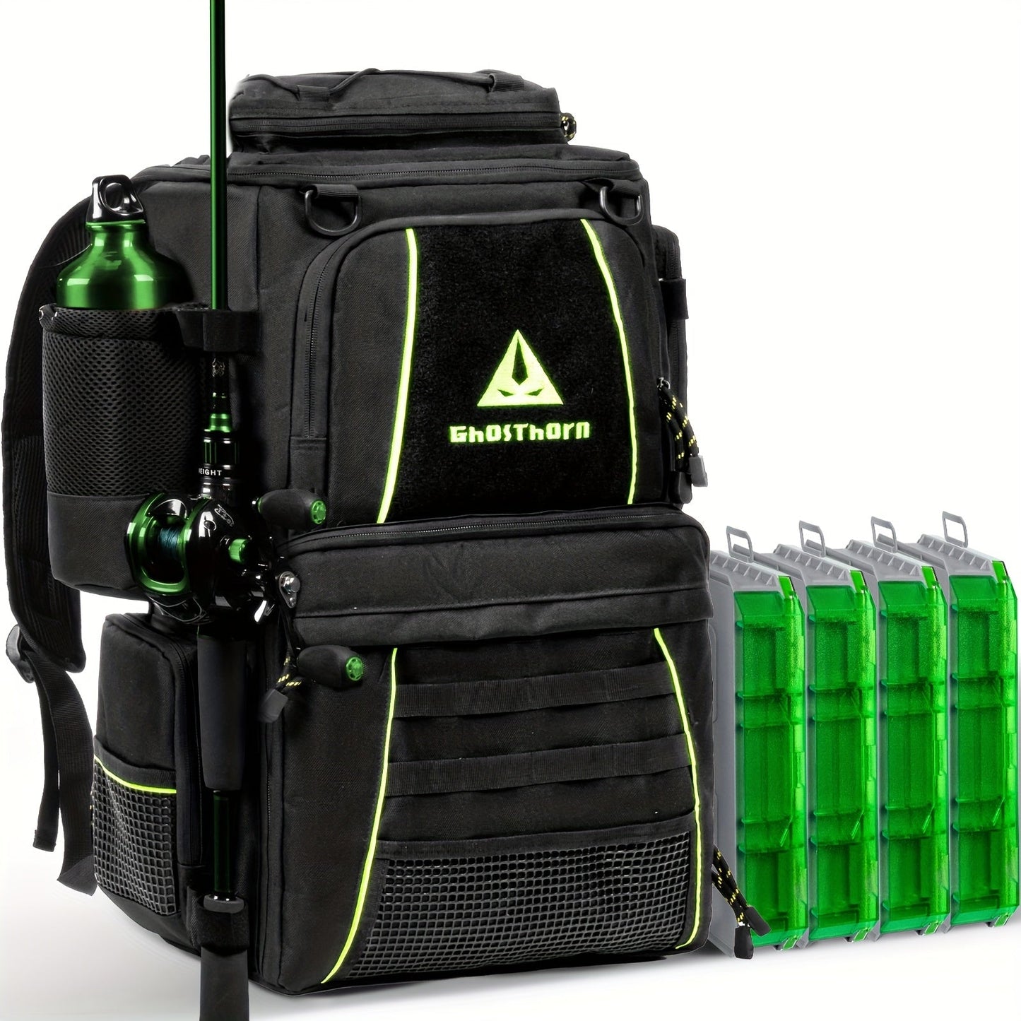 Large Fishing Tackle Bag with 4 Tackle Boxes – 43L Backpack with Rod Holder, Detachable Waist Pack & Gear Storage for Men Women | Black