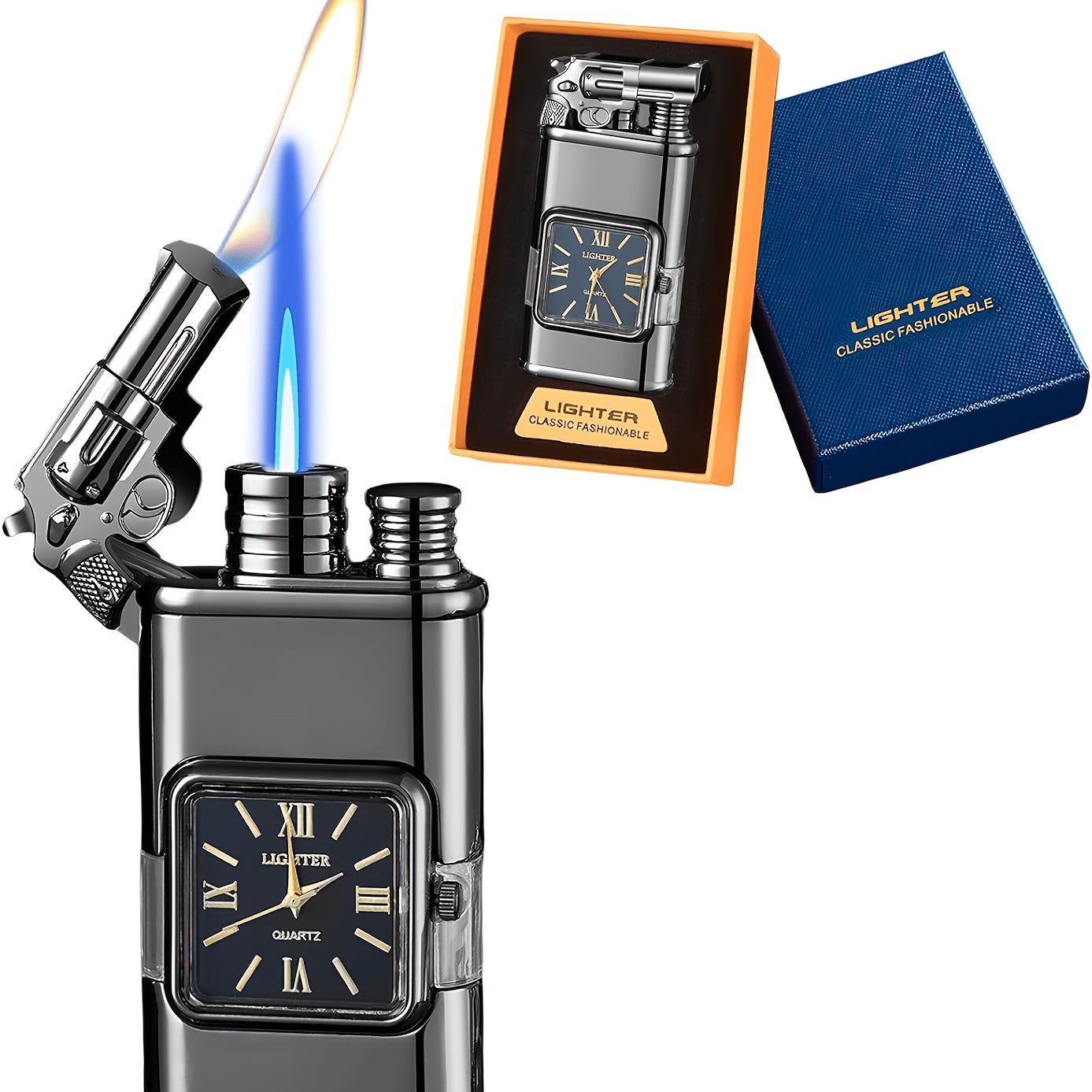 Double Flame Retro Metal Lighter Windproof Refillable Butane Outdoor Portable Quartz Ignition Dragon Eagle Gun Type Ice Golden Bronze