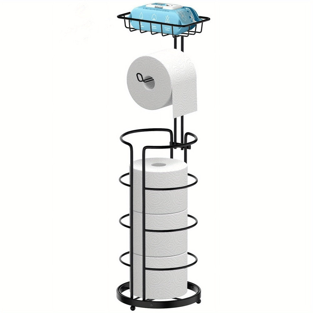 Freestanding Toilet Paper Holder with Round Four-Roll Storage Cage, Upper Shelf and One- or Two-Pack Options