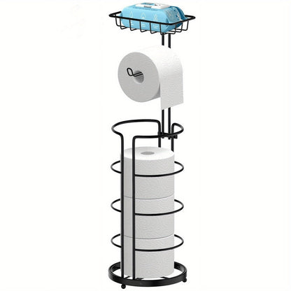 Freestanding Toilet Paper Holder with Round Four-Roll Storage Cage, Upper Shelf and One- or Two-Pack Options