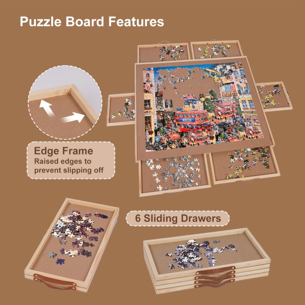 Rotating Puzzle Table with 6 Drawers & Cover for 1500 Pieces – 35"x27" Deluxe Wooden Jigsaw Board with Sorting Storage
